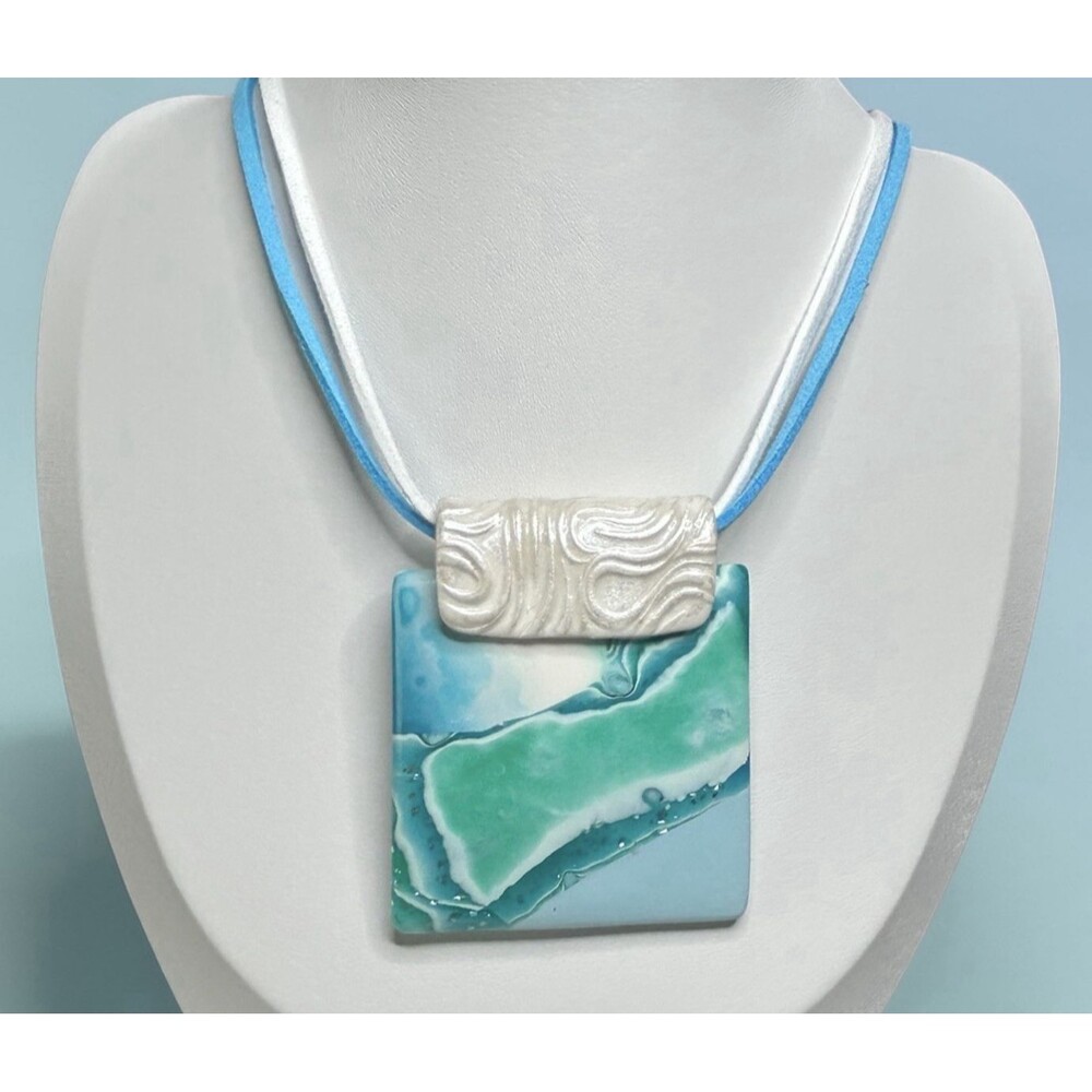 Artisan Blue Green & White Polymer Clay Pendant Necklace w Stainless Steel Clasp